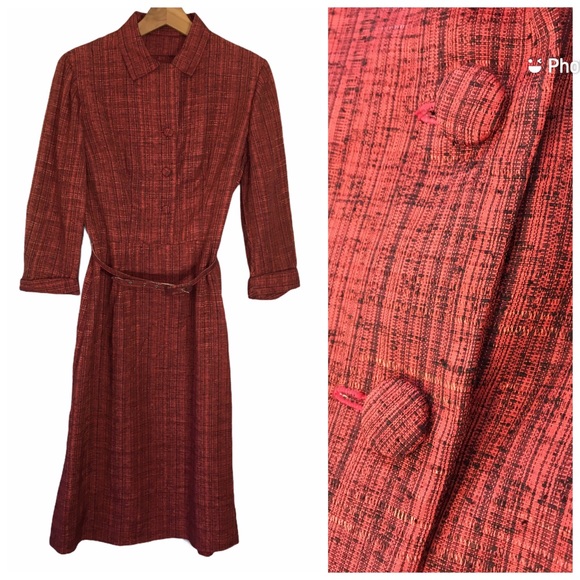 Vintage Dresses & Skirts - Vintage 1930's Modest Dress Coord Belt Autumn Fall